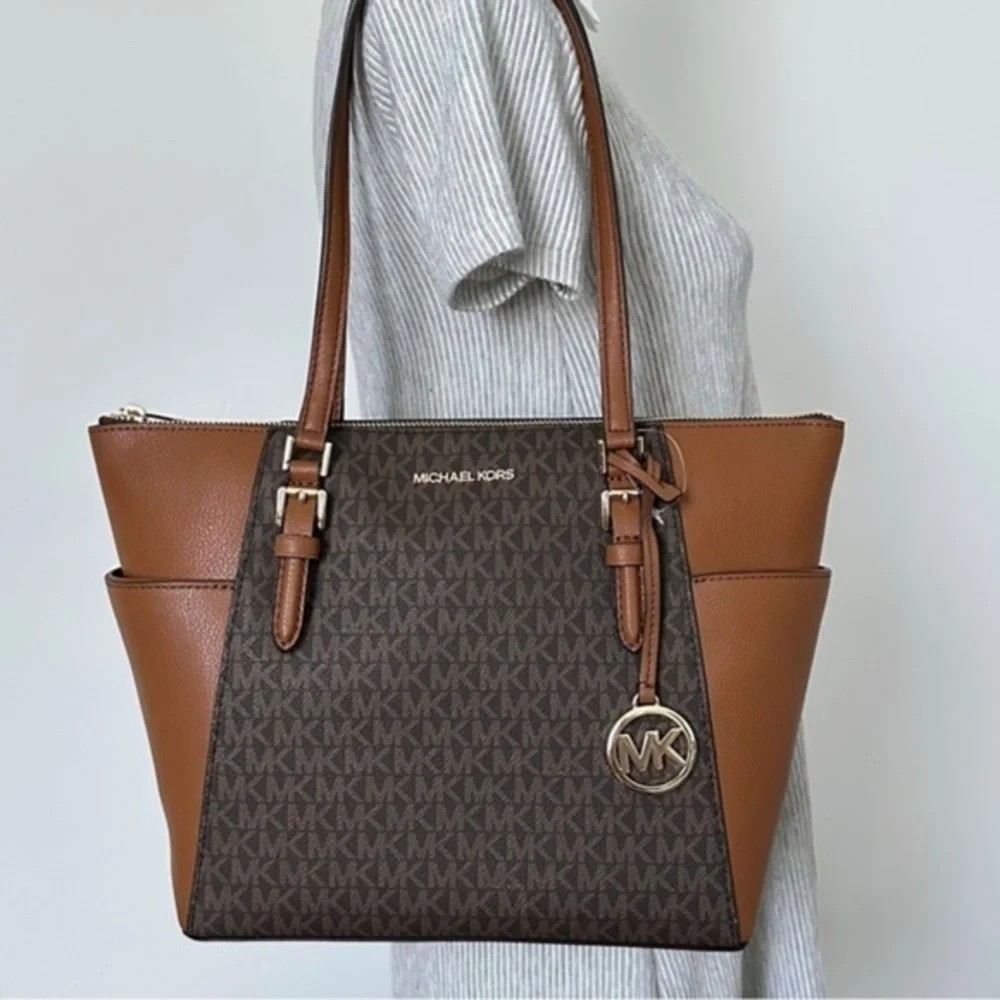Michael Kors Charlotte Large Logo Top-Zip Tote Carryall Bag in Brown - Picture 10 of 14